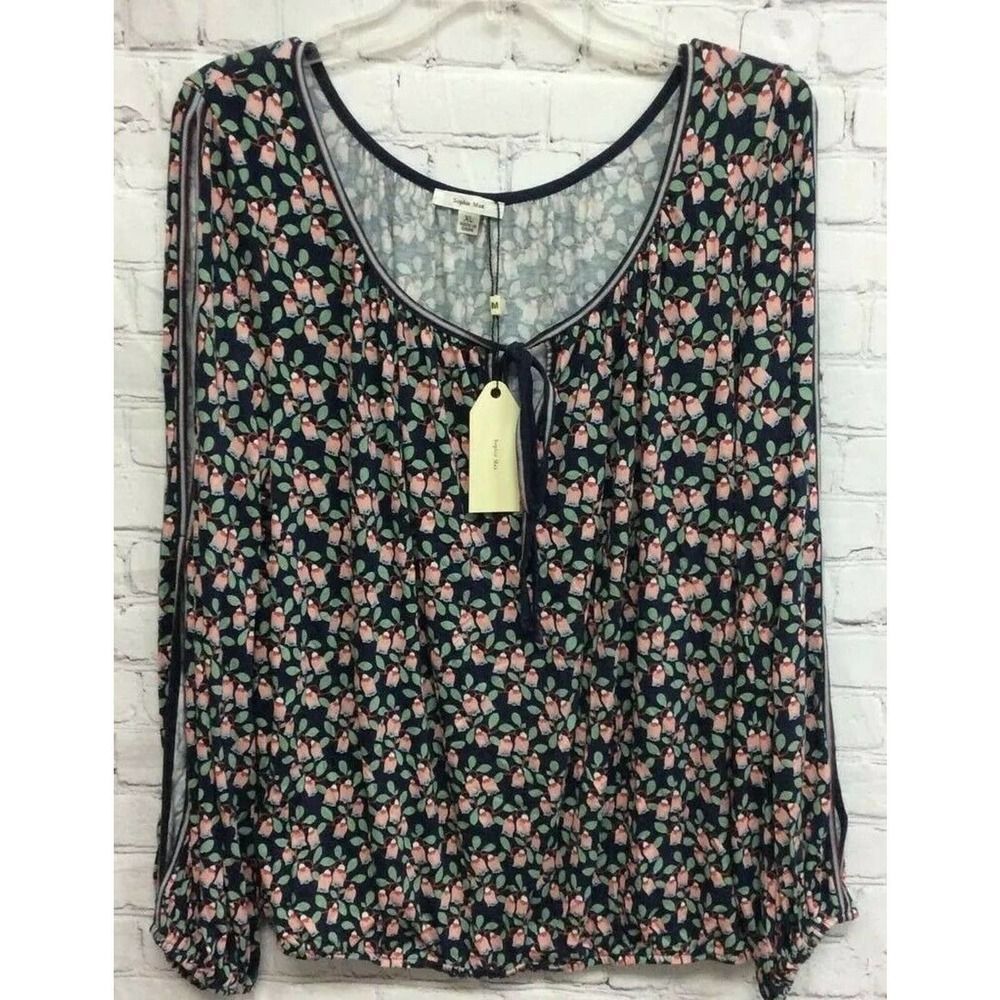 Sophie Max Womens Blouse Blue Green Floral Slit Long Sleeve Tie Stretch XL New